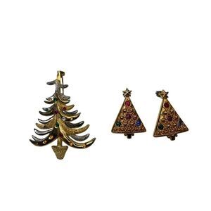 Christmas Tree Brooch Earrings Set Gold Rhinestone Holiday Vintage Jewelry Lot